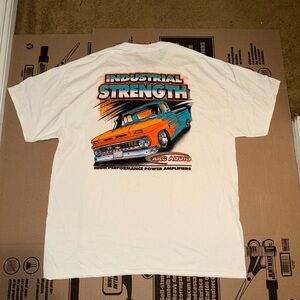 Gildan Cream Graphic Tee with Orange and Blue Design
